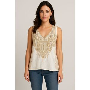 Johnny Was Workshop Embroidered Ramie Tank Top Ivory Gold Boho Size M